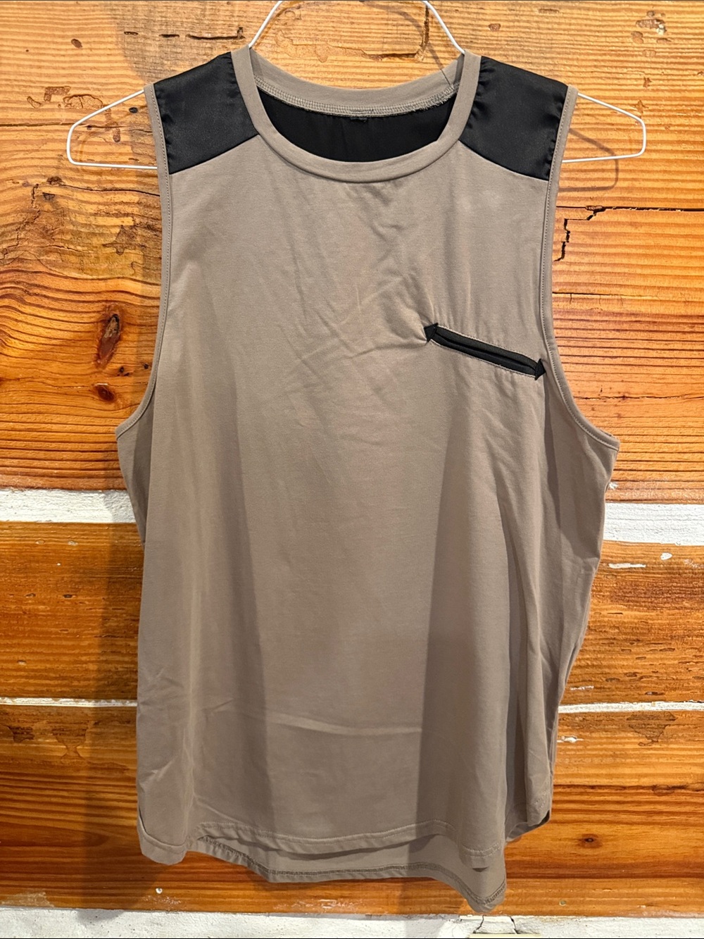 Sleeveless Taupe Athletic Tank with Black Accents